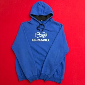VTG Style Subaru Graphic Hoodie Mens XL Blue Pullover Logo Sweatshirt Fleece Car